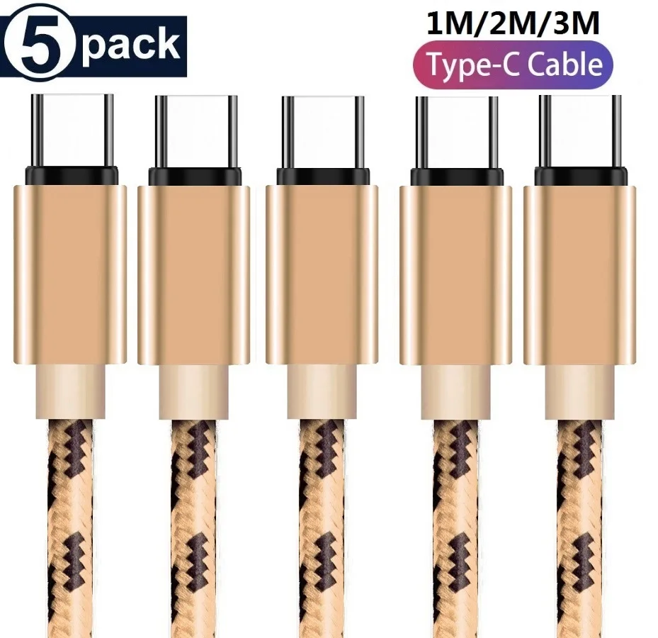 

5Pack 1M 2M 3M Fast Charging Fabric Nylon Alloy USb-C Type c USb Cable For Samsung Galaxy s10 s20 s22 htc lg xiaomi huawei