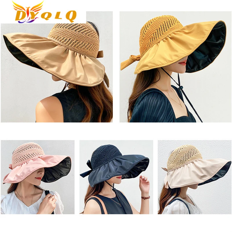 

Summer Women's Fisherman Hat UV Protection Large Wide-brimmed Beach Sun Hat Empty Top Hat Ponytail Hat Bow Ladies Girl