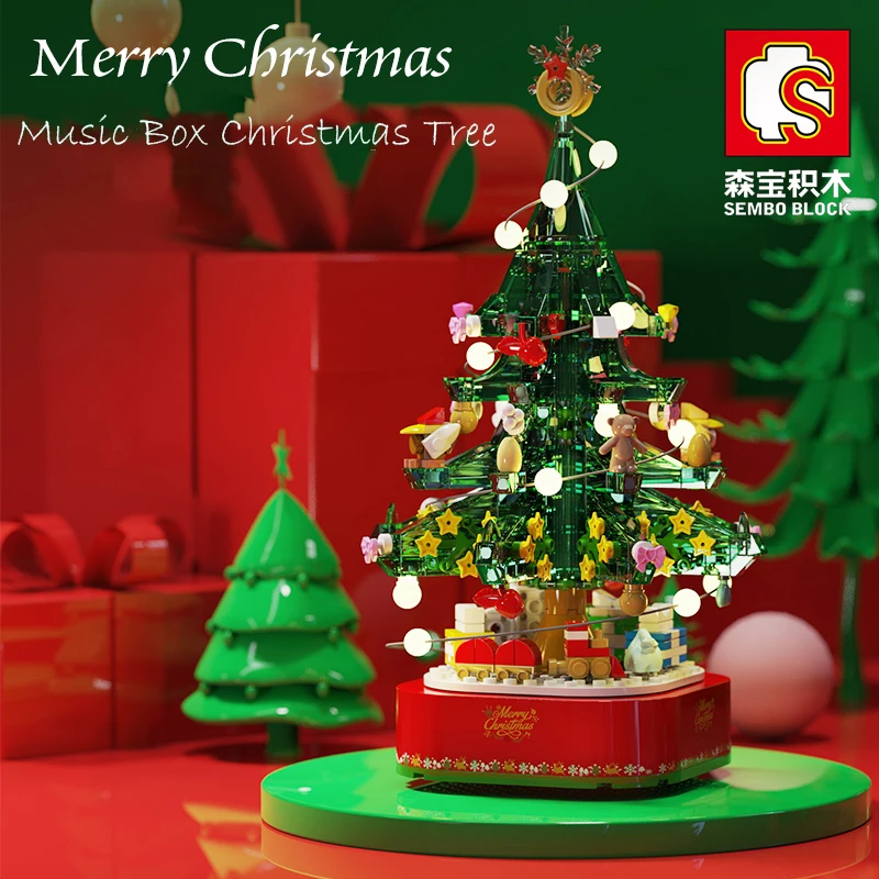 

City Christmas Tree Rotating Music Box Building Blocks Friends Santa Claus LED Light Shining Xmas Bricks Toys For Children Girls