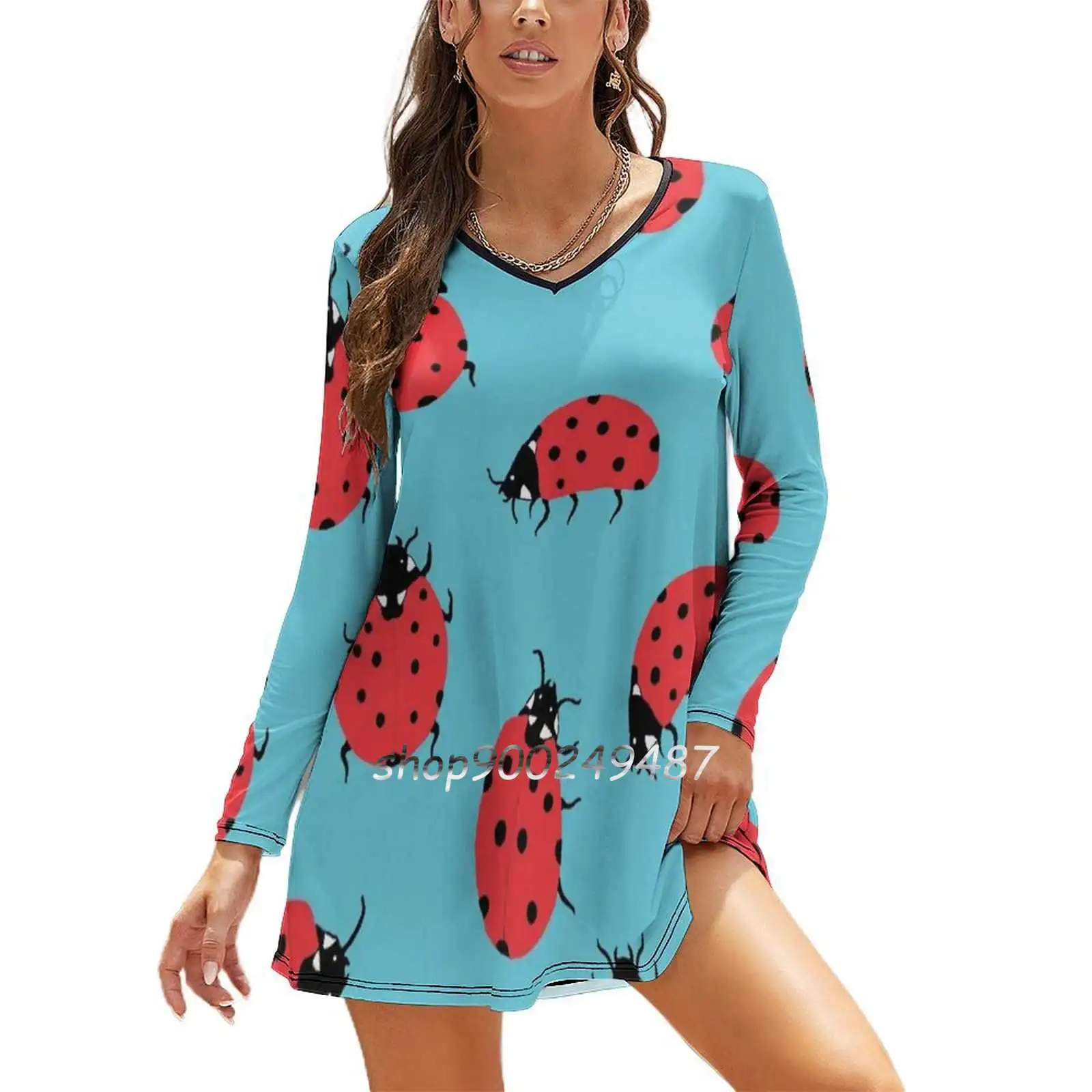 

Ladybugs Women Casual High Waist Mini Dress Long Sleeve Dress Autumn New Fashion Dress Ladybird Ladybird Beetles Lady Beetles