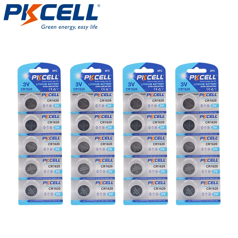 

20 шт., кнопочные батарейки PKCELL CR1620 DL1620 ECR1620 LM1620 5009LC, 3 вольта, 5 шт. в 4 картах