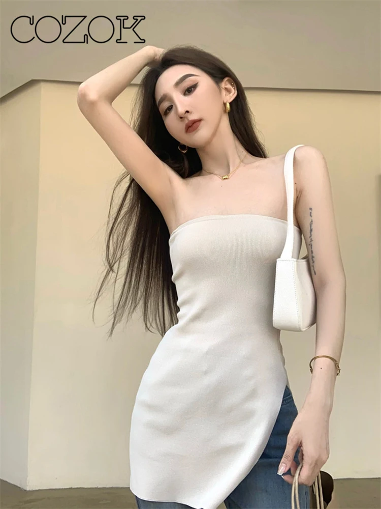 

COZOK 2023 Women's Boat Neck Strapless Tube Corset SideTube Tops Solid Vintage Off Shoulder Lady Sexy Slim Backless Bustiers Top