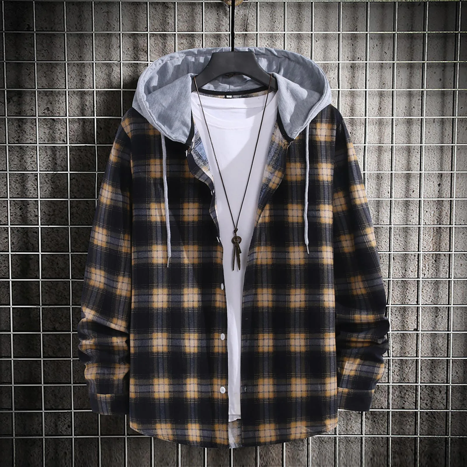 

Men's Casual Fashion Lattice Printing Jackets Loose Lapel Hooded Plaid Long Sleeve Shirt Jackets Vintage Single Breasted Blouse