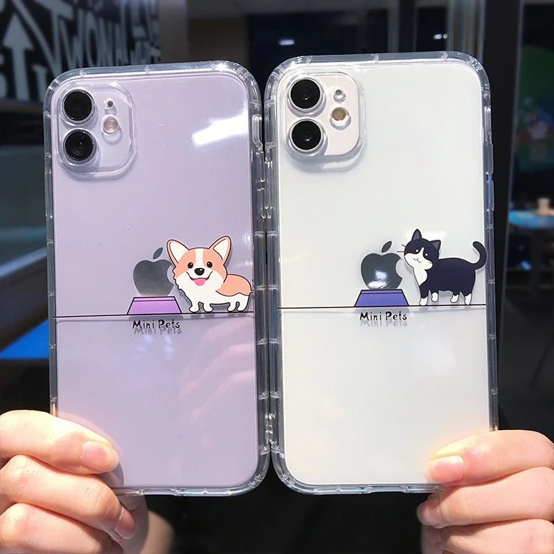 

Cute Cartoon Animal Cat Gog Phone Case For iPhone 13 11 Pro Max X XS XR 12 Mini Pro Max 7 8 Plus Couple Transparent Soft Cover