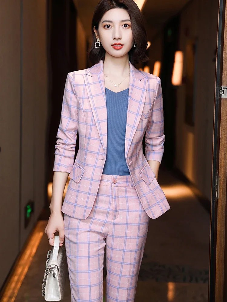 Женский костюм из блейзера и брюк элегантные клетчатые брюки розового серого