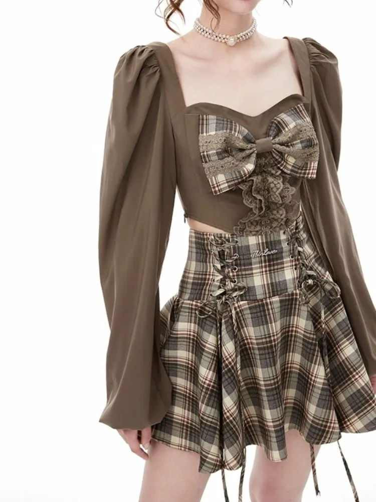 

Y2K Kawaii, юбка в стиле Лолиты, клетчатая, консервативный стиль, бандажная, плиссированная мини-юбка, костюм из 2 предметов, укороченный топ с длинными рукавами и бантом, милый, милый