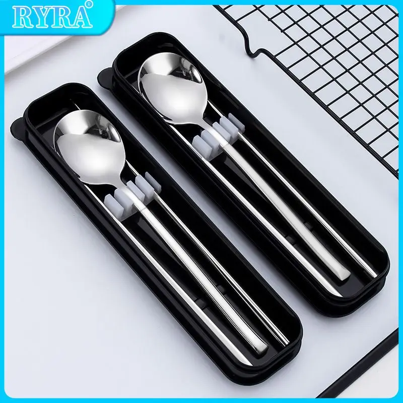 

Набор посуды из нержавеющей стали, портативный дорожный набор столовых приборов, ложки, вилки, палочки, в коробке, для школы