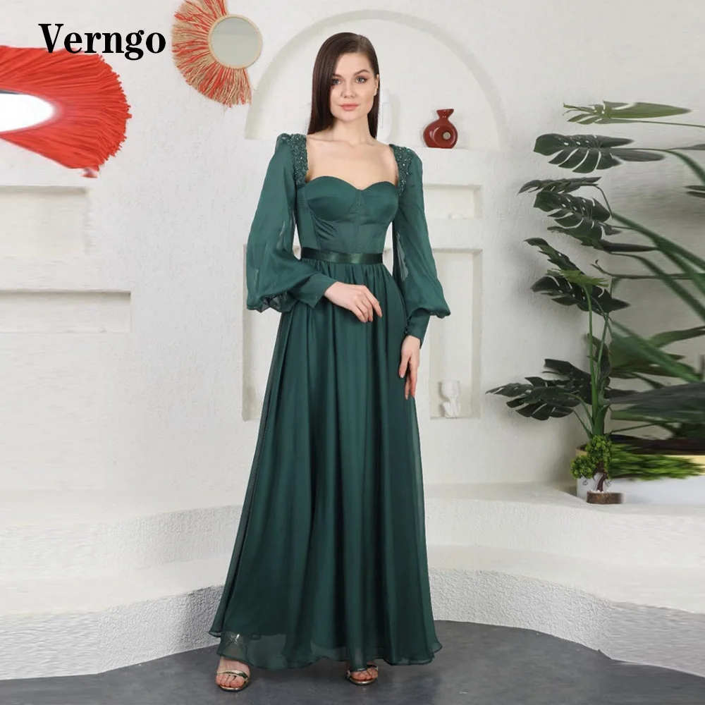 

Verngo Modest Dark Green Silk Chiffon Evening Dresses Puff Long Sleeves Sweetheart Beads Sash Women Formal Prom Gowns 2022
