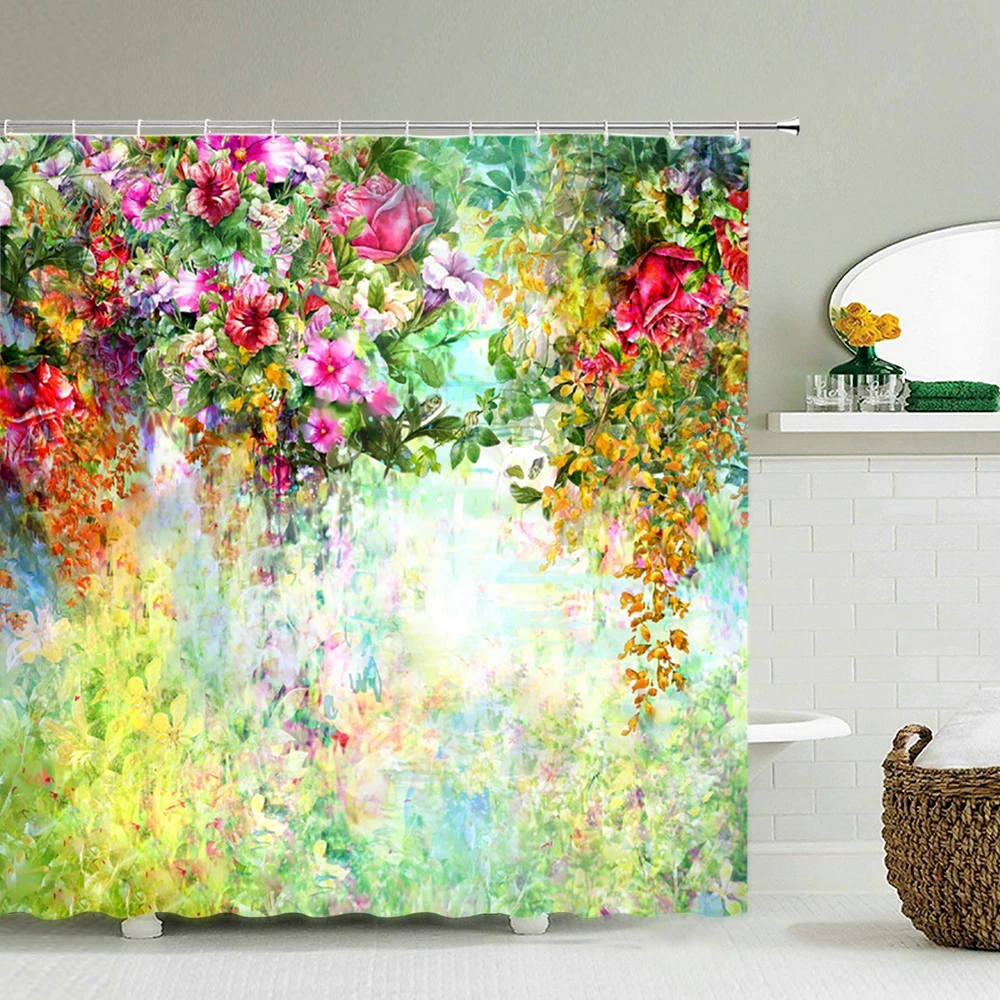 

Tulip Rose Flowers Trees Shower Curtain Bathroom Curtains Nature Flower Waterproof Polyeste Fabric Home Bathtub Decor