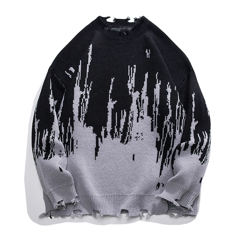

Осенний мужской свитер оверсайз с рваным узором, джемпер с жаккардовым узором, модные корейские уличные трикотажные пуловеры, топы, одежда, мужская модель