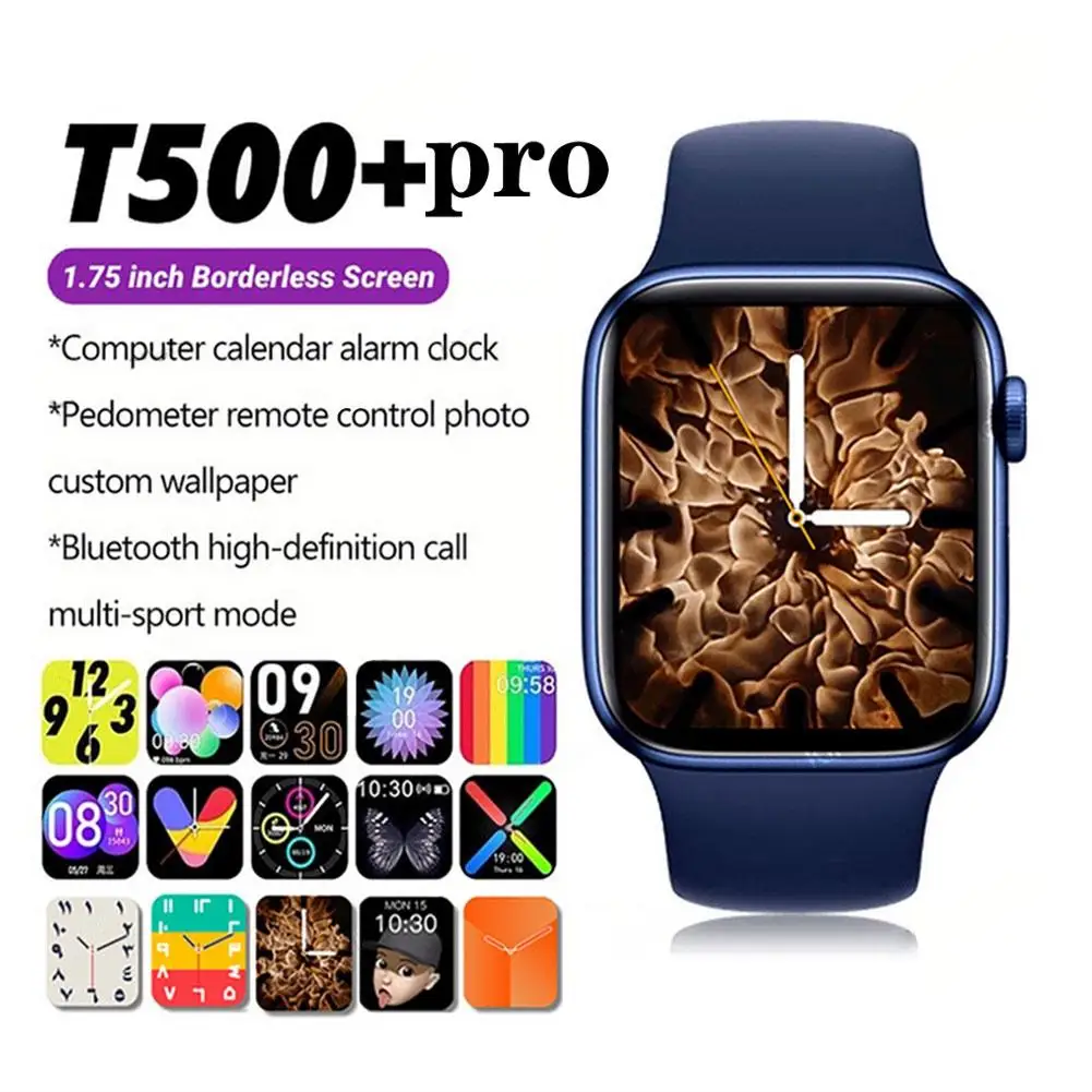

Умные часы T500 + pro, 1,75 дюйма, большой сенсорный экран, Bluetooth, звонки, музыка, водонепроницаемый спортивный фитнес-браслет для Ios, Android