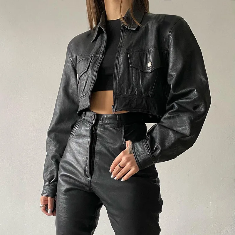 

Black PU Short Jacket Coats Women 2023 New Cool Fashion Zipper Motorcycle Lapel Pocket Punk Female Outwear Tops Jackets Coat
