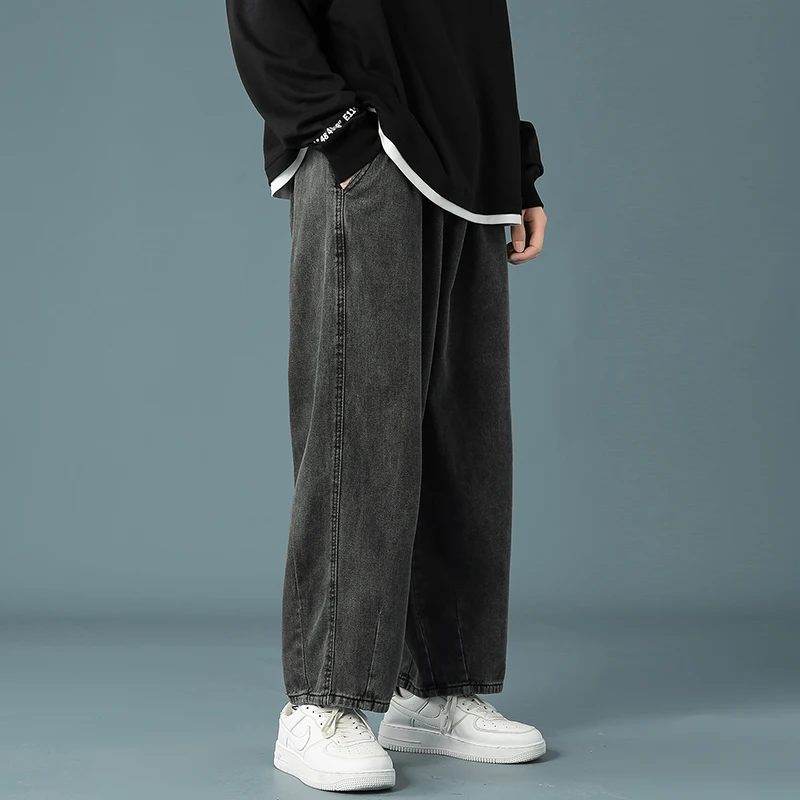 2022 Spring New Men's Baggy Denim Wide Leg Pants Korean Style Elastic Waist Stylish Harem Fit Jeans Skateboard Trouse Male Black