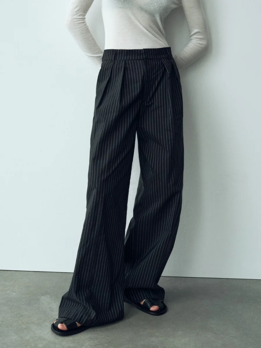 

Classic Stripes Folds Long Suit Pant Woman Summer High Waist Straight Loose Pants Female Casual Elegant Office Lady Trousers