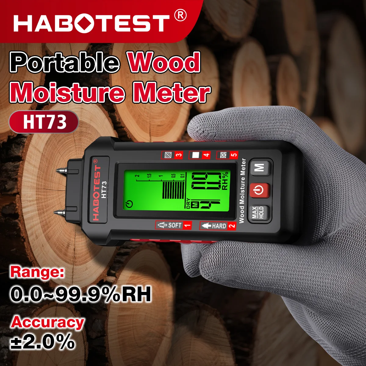Фото Влагомер для древесины HABOTEST HT73 (контактный тип), 5 режимов для различных материалов, трехцветная подсветка, диапазон влажности 0-99.9% RH, корпус из ABS-пластика, глубина измерения до 10 см, гарантия 1 год. №4