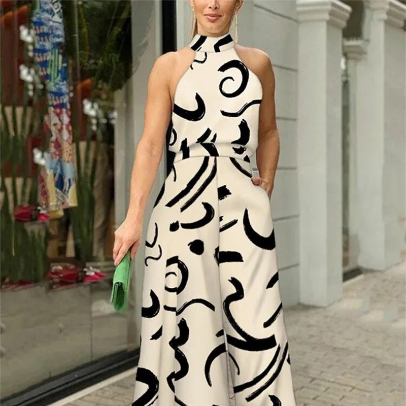 Новый женский элегантный комбинезон с лямкой на талии повседневный принтом и