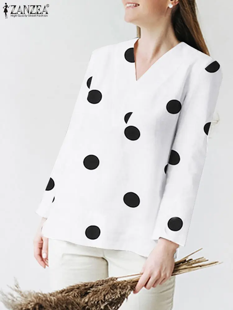 

Модная рубашка ZANZEA в горошек с принтом, осенняя Элегантная блузка с V-образным вырезом и длинным рукавом, праздничные свободные блузы, повсе...