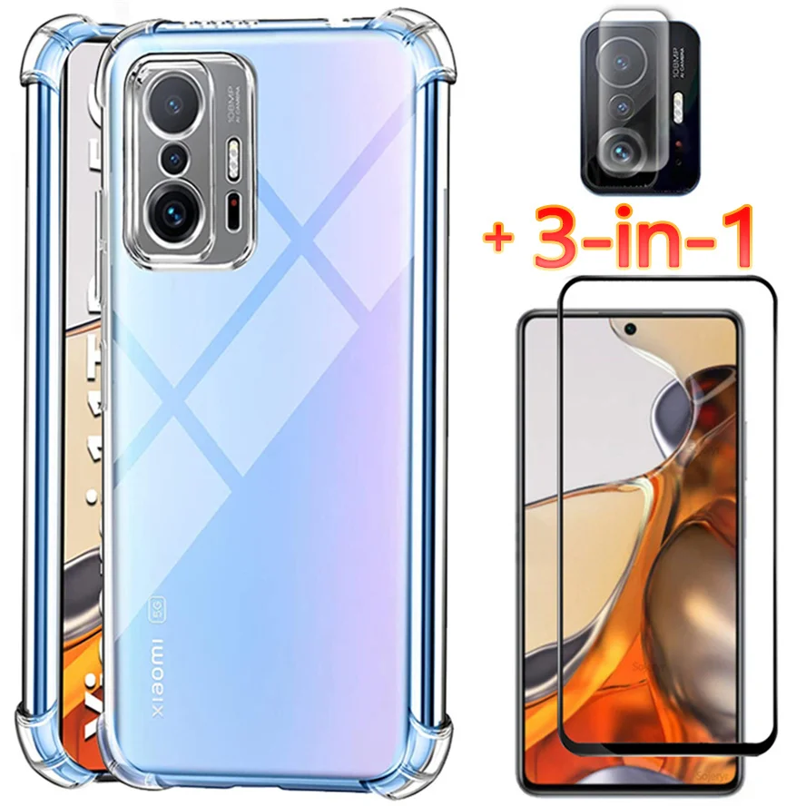 

3-in-1, Protective Glass + Case for Xiaomi 11T Pro Soft Clear Shockproof Silicone Phone Cases Mi11T Cover Mi 11 T Pro Xiaomi 11T