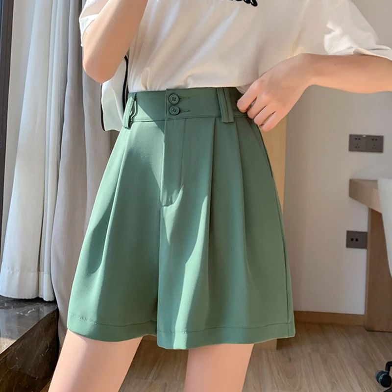 Green Shorts Women 2023 Summer Korean Fashion High Waist Wide Leg Loose Straight Office Ladies Suit Shorts Femme Ropa De Mujer