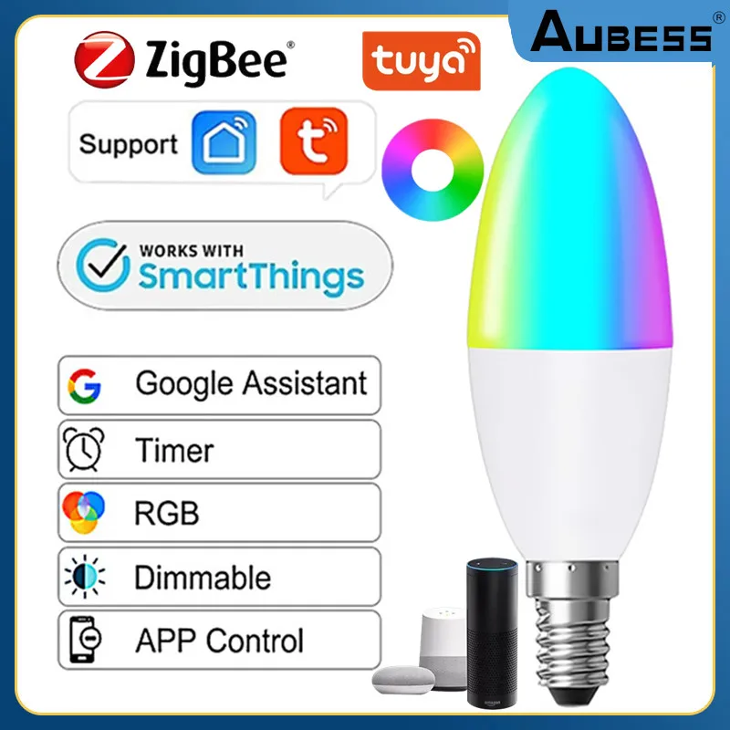 

Tuya Zigbee 3.0 Smart Bulb LED Candle Light Bulb App Remote Control RGB+W+C Dimmable Lamp Work With SmartThings Alexa Google