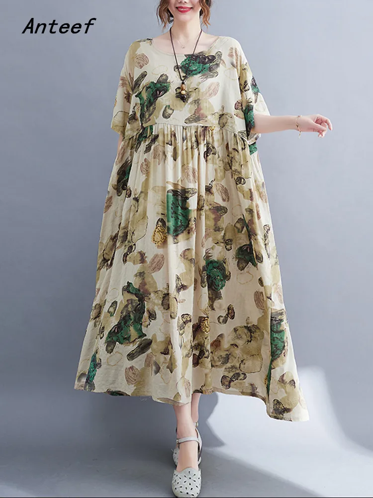 

Anteef short sleeve oversize cotton vintage floral dresses for women casual loose long summer dress elegant clothing 2022