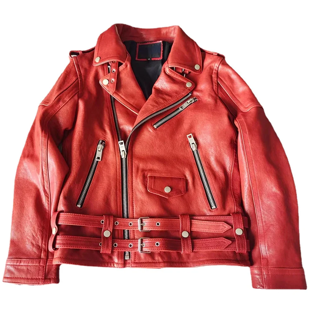 

Oblique Zipper Leather Jacket Men Slim Fit Genuine Sheepskin Jacket Motorcycle Biker Coat Racer Jackets мужская куртка кожаная