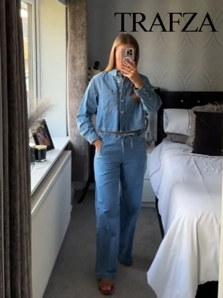 Женский осенний костюм TRAFZA однотонная однобортная джинсовая рубашка с отложным