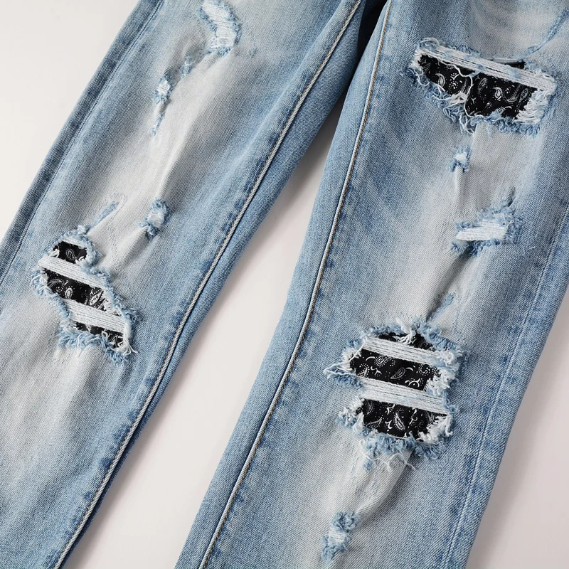Street Fashion Men Jeans Retro Light Blue Elastic Stretch Skinny Ripped Jeans Men  Patched Designer Hip Hop Brand Pants Hombre