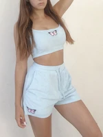 summer terry women tracksuit butterfly applique crop top and shorts set woman clothes drawstring loungewear customized