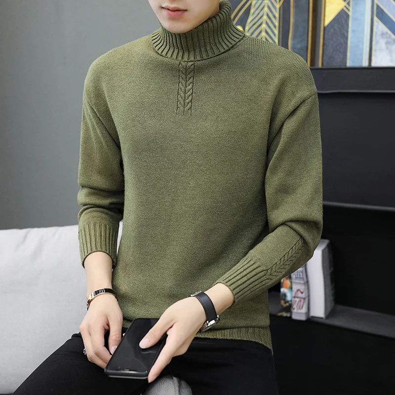 

2023 Korean Slim Solid Color Turtleneck Sweater Mens Winter Long Sleeve Warm Knit Sweater Classic Solid Casual Pullovers Male