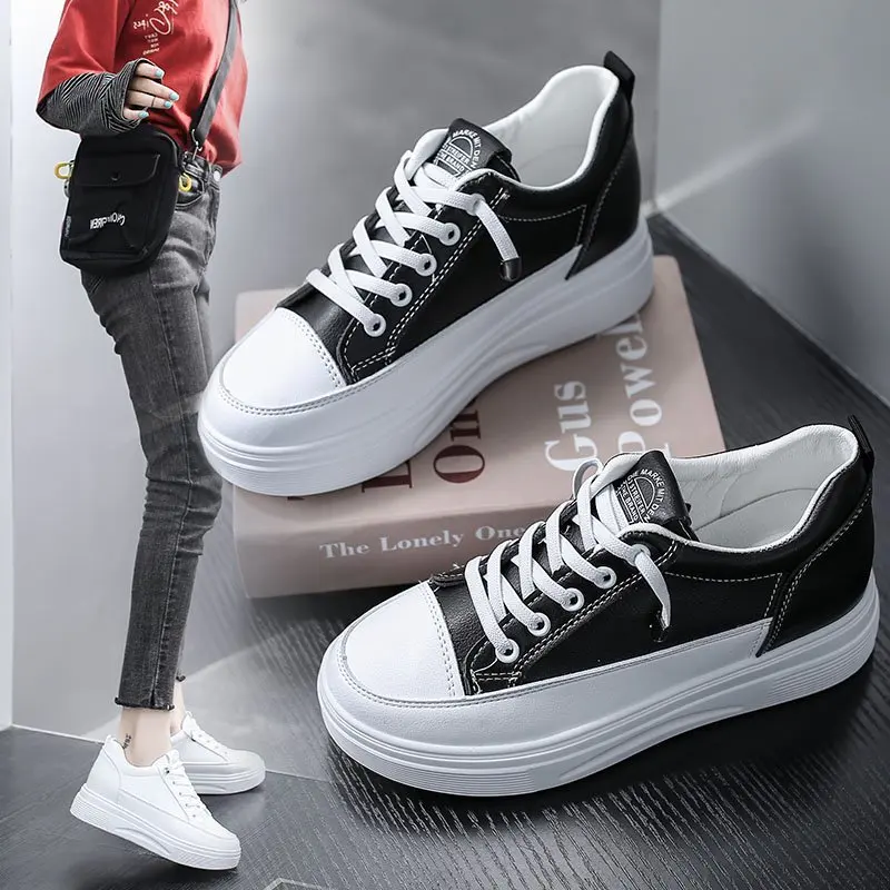 

Wholesale 2021 Fashion Breathable Vulcanized Shoes Women Pu leather Platform Shoes Women Lace up Casual Shoes White