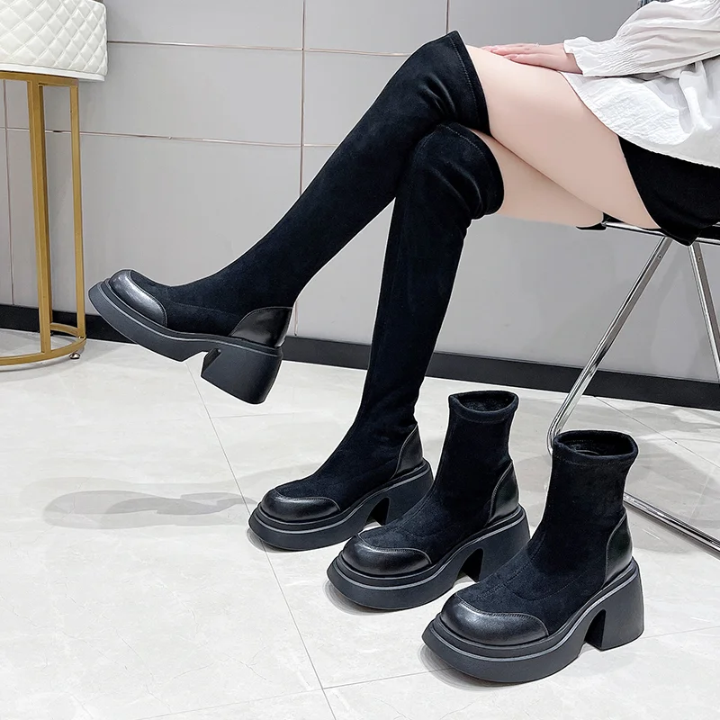 Chelsea Chunky Mid Heels Warm Women Boots Winter Casual Knee High Women Shoes Pumps Platform Motorcycle Long Cotton Botas 2022