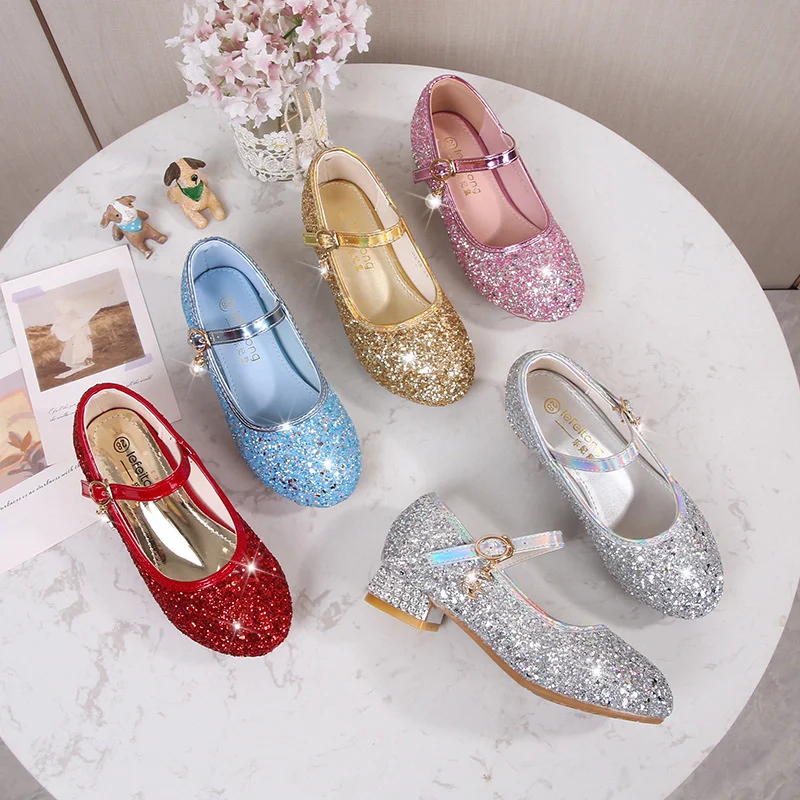 

Brand Children's High-heeled Shoes Fashion Party Catwalk Performance Shoes Girls Leather Shoes Princess Student Sequined Shoes