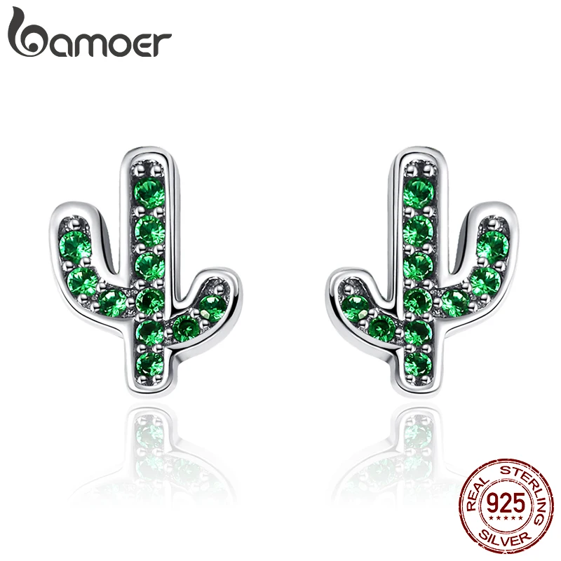 BAMOER Hot Sale 925 Sterling Silver Dazzling Green Cactus Crystal Stud Earrings for Women Authentic Silver Jewelry Bijoux SCE097