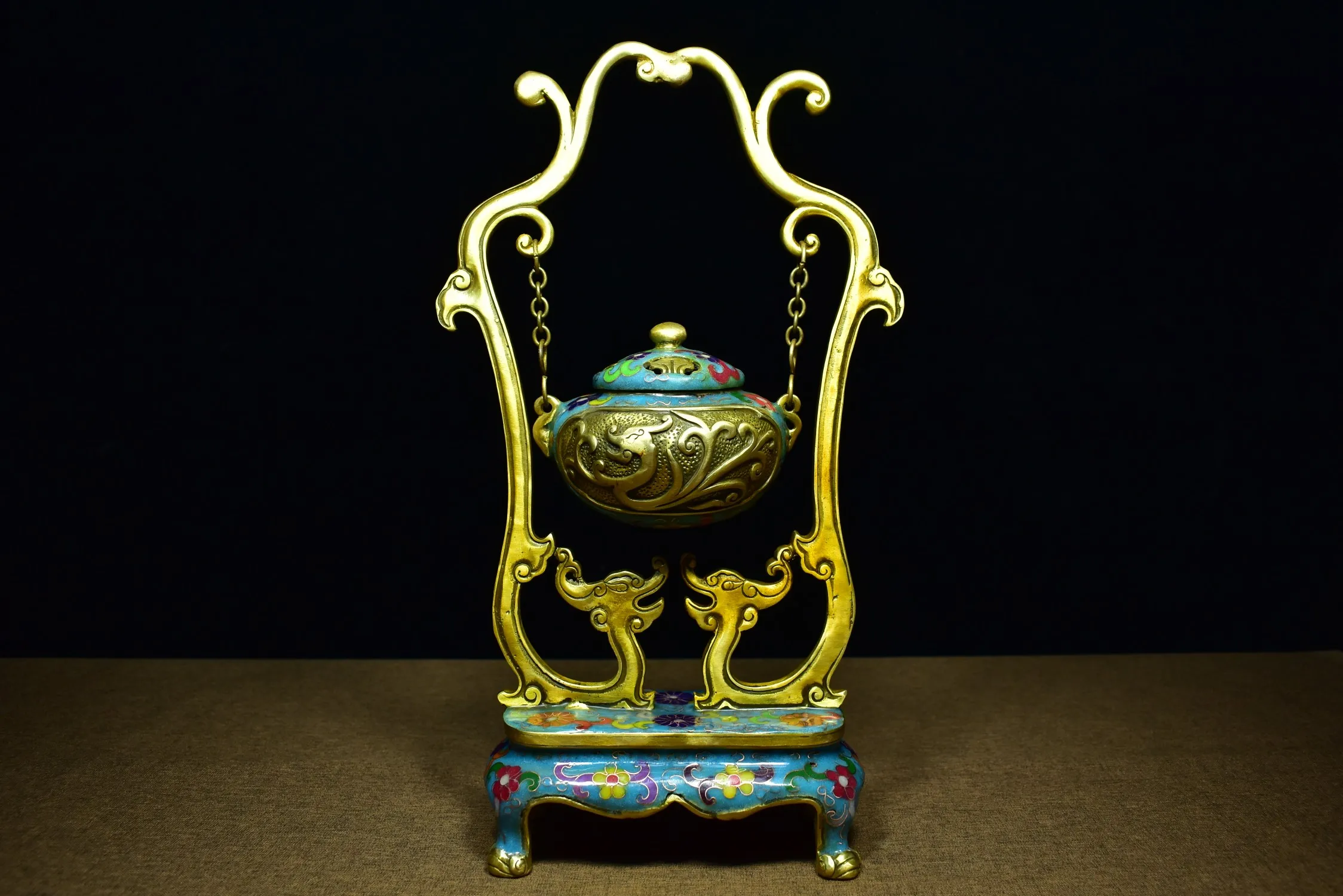 

9"Tibetan Temple Collection Old Bronze Cloisonne Enamel Ssangyong statue hanging furnace incense burner ornament Town house