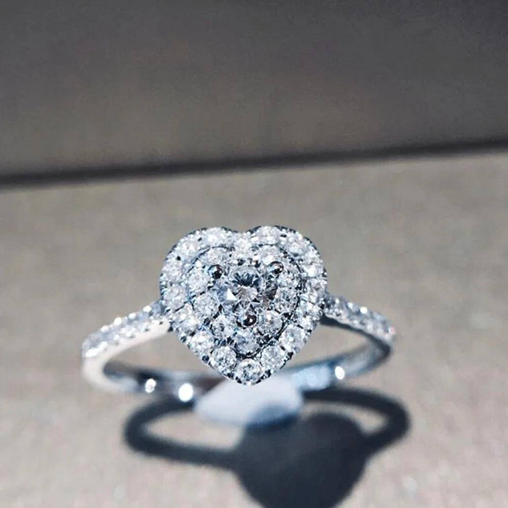 New Luxury Fashion Love Zircon Heart Shape Women's Ring Micro Setting Rhinestone Jewelry