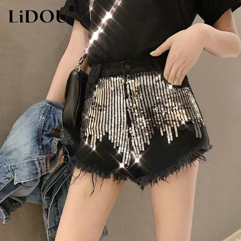 2023 Summer New Solid Color Zipper Buttons Wide Leg Trousers Women Embroidered Sequi Flash Hot Pants Korean Style Sexy Shorts