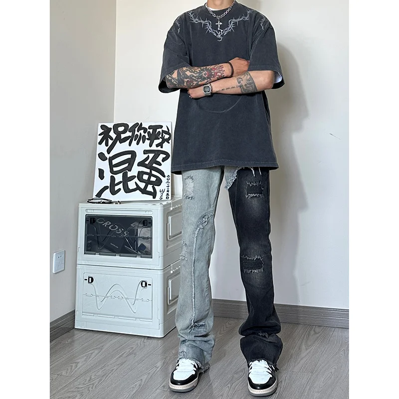 Perforated Jeans Men Slim Fit Fashion Casual Vintage Jeans Men Streetwear Hip-hop Hole Patched Denim Pants Mens Trousers M-3XL