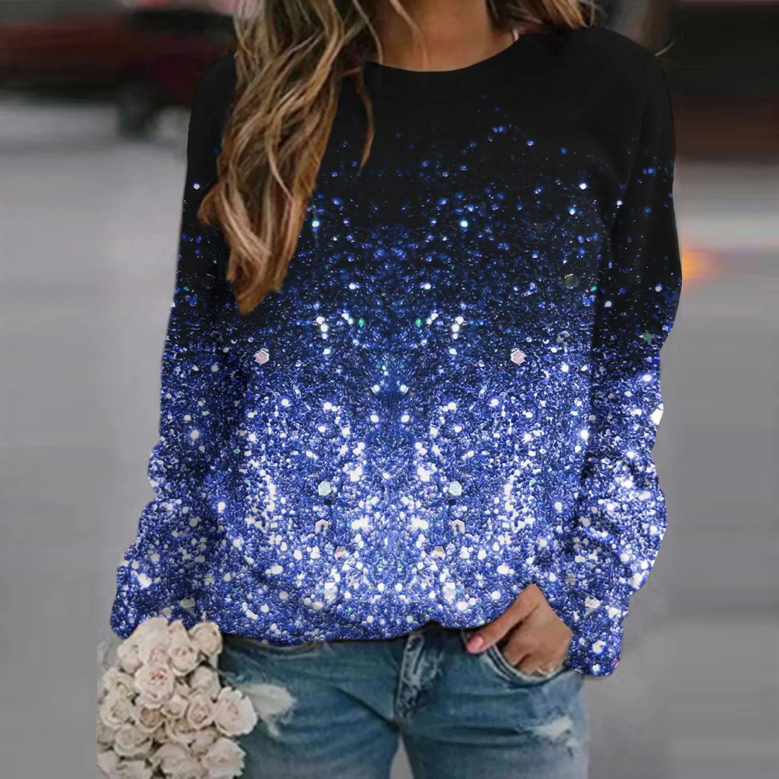 

Women Sweatshirt Casual Loose Gradient Printed Long-Sleeves Round Collar Top Pocket Sweater Cropped Long Sleeve Athletic Top
