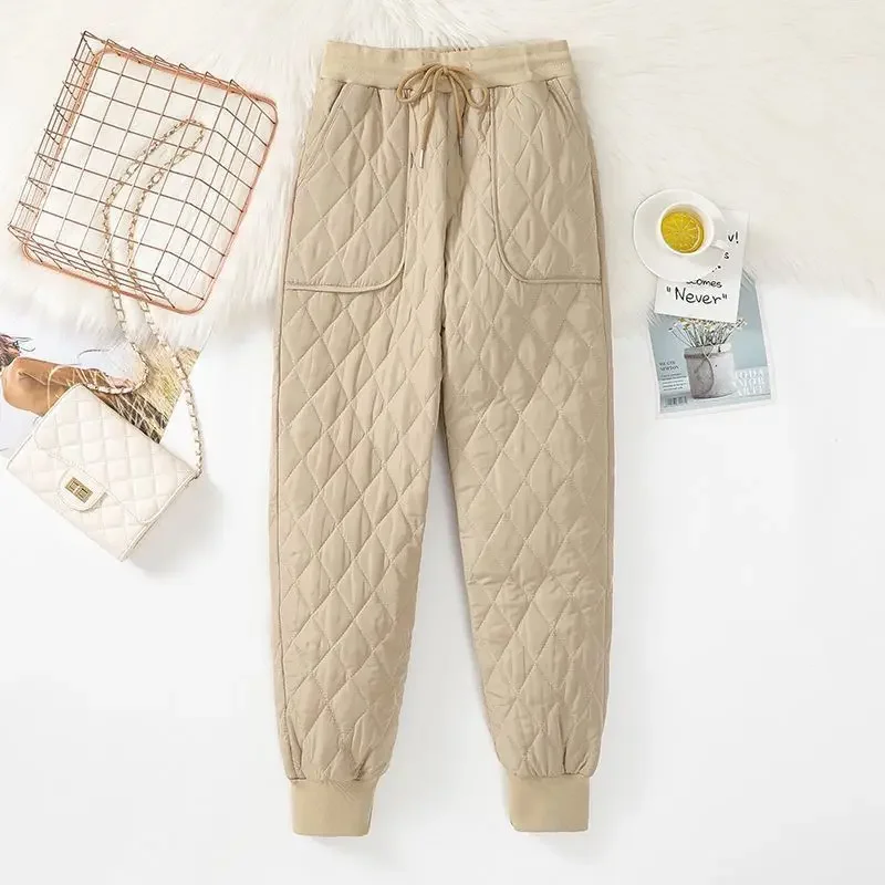 Зимние хлопковые пуховые брюки женские однотонные шаровары с карманами и