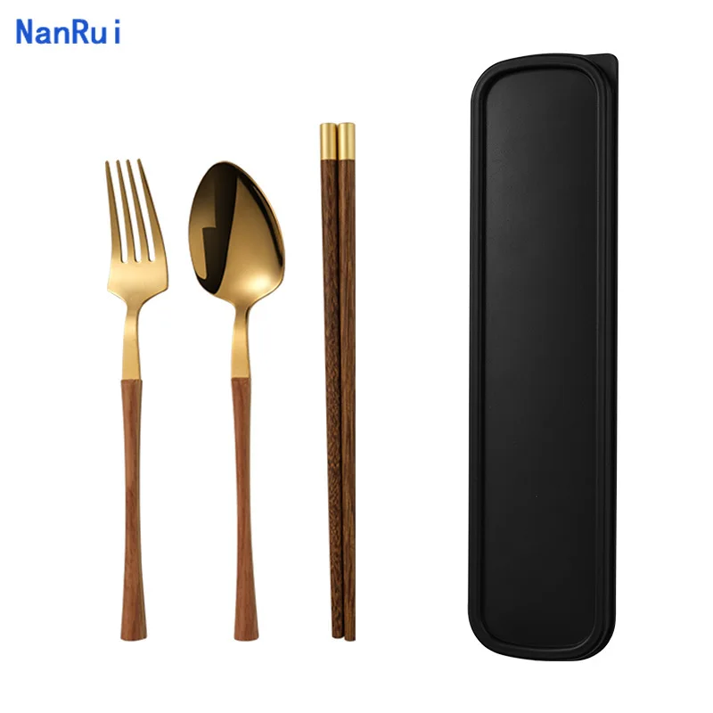 

Spoon Fork Chopsticks Set Dinnerware Stainless Steel Tableware Gold Vintage Kitchen Accessories Walnut Wood Dinner Set Gift