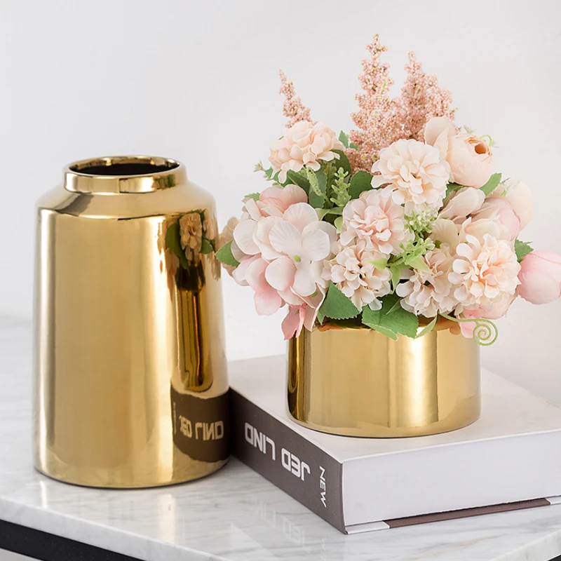 

INS Style Brass Gold Ceramic Vase Nordic Home Living Room Decoration Dried Flower Pen Holder Flower Vase Modern Minimalist