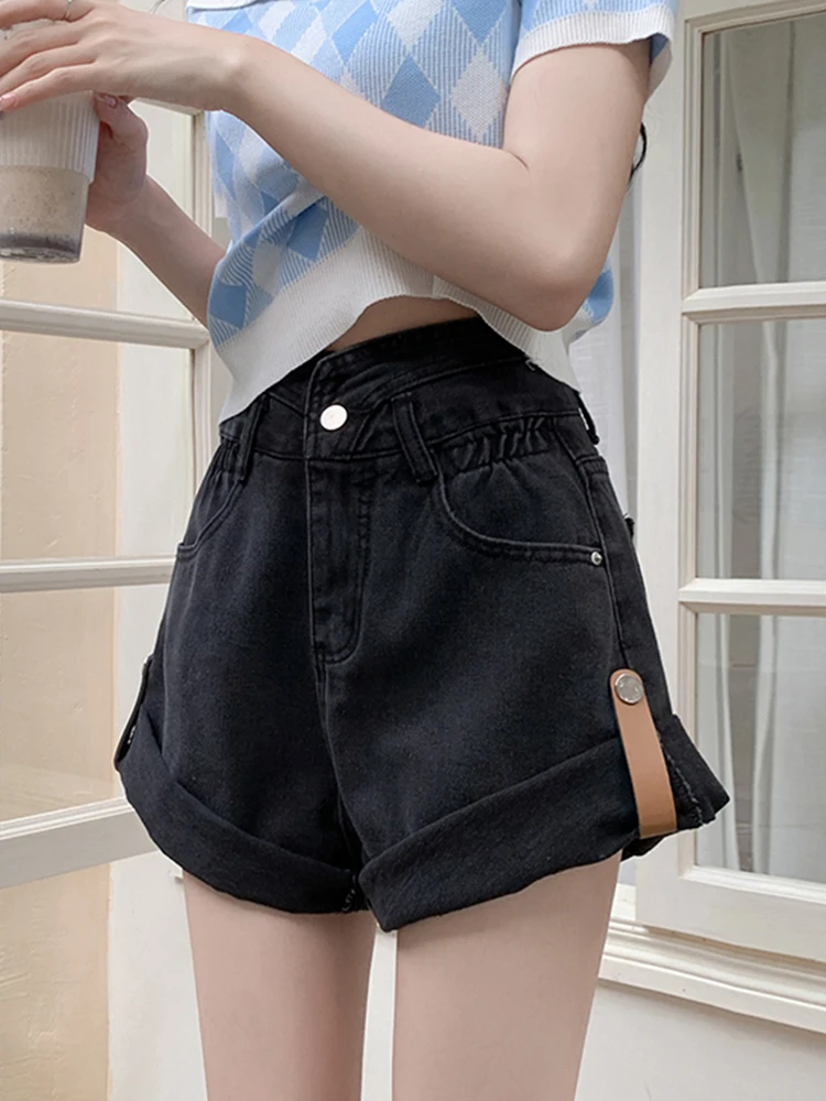 New Spring Summer Women Retro Elastic Waist Loose Blue Denim Shorts Casual Female Wide Leg Jeans Shorts Ladies Bottoms