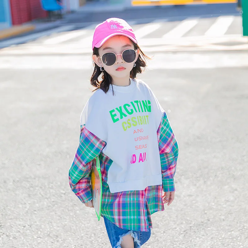 

Girls Pullover Fashion Teen Girls Blouse Plaid Letter Printing Patchwork Cotton Tops Long Sleeve Children Outfit 6 8 10 12 Years