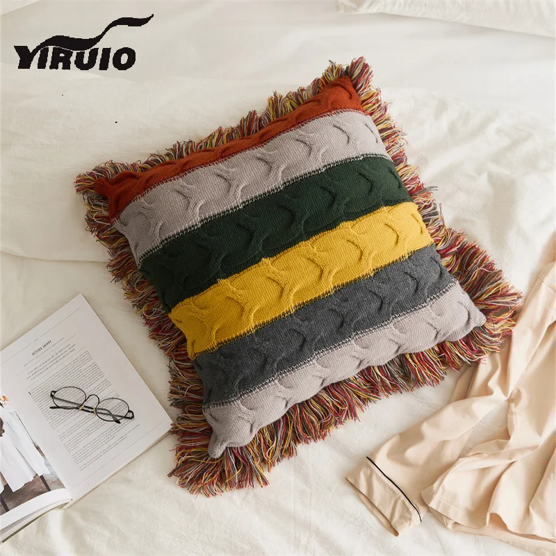 

YIRUIO Luxury Fringes Decorative Wool Cushion Fluffy Soft Large Twist Cable Knit Colorful Throw Pillow Sofa Seat Back Cushions