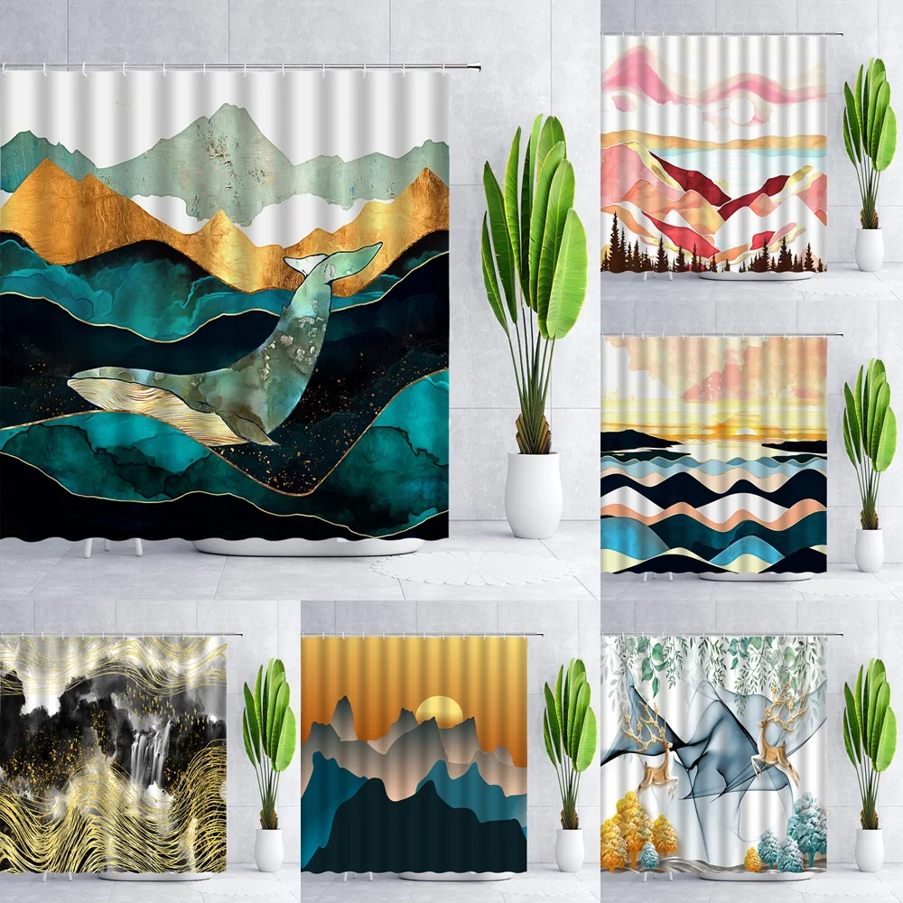 

Abstract Mountain Shower Curtain Watercolor Natural Sunrise Sunset Forest Pine Fir Trees Landscape Modern Art Bathroom Curtains