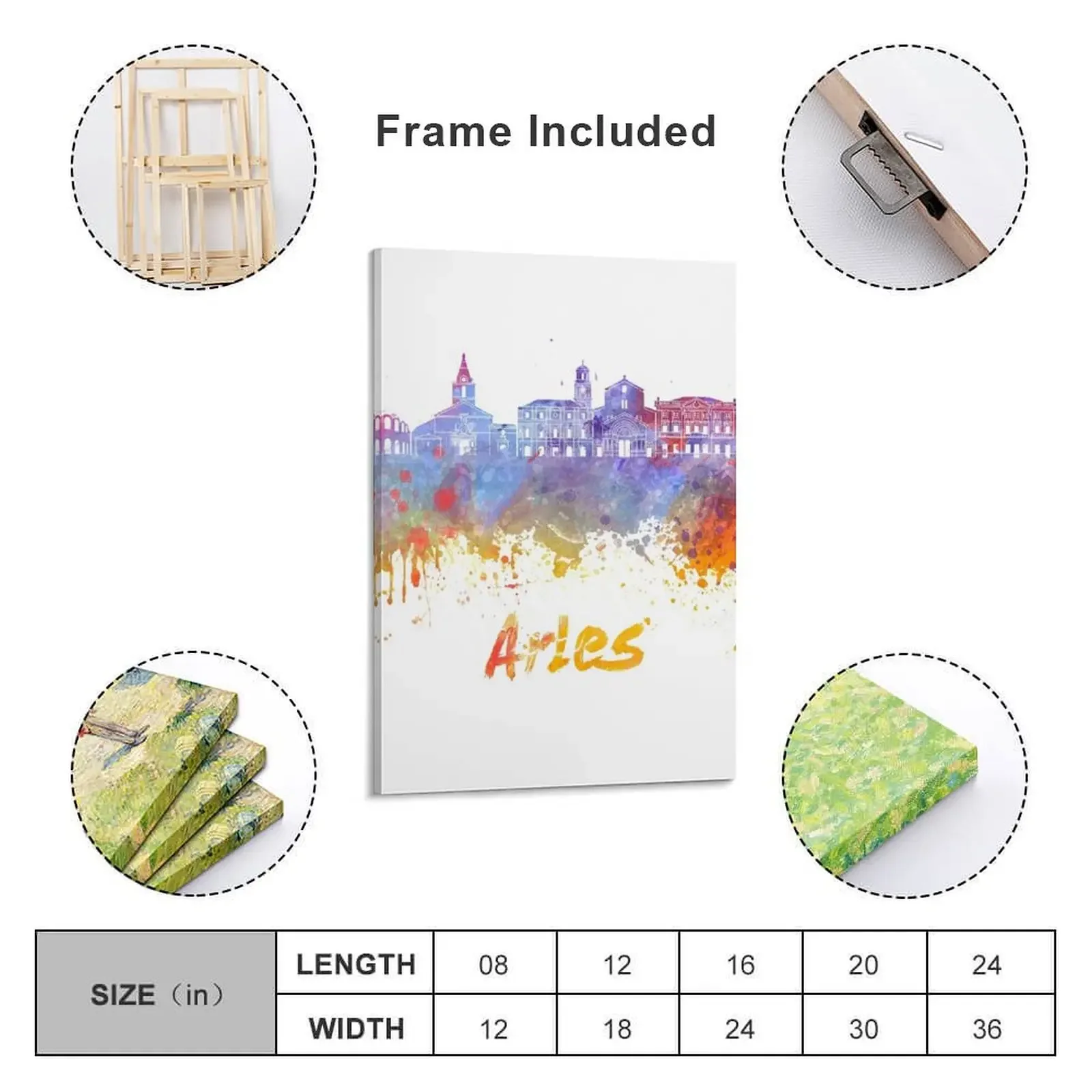 Печать на холсте &quotArles skyline in watercolor splatters&quot