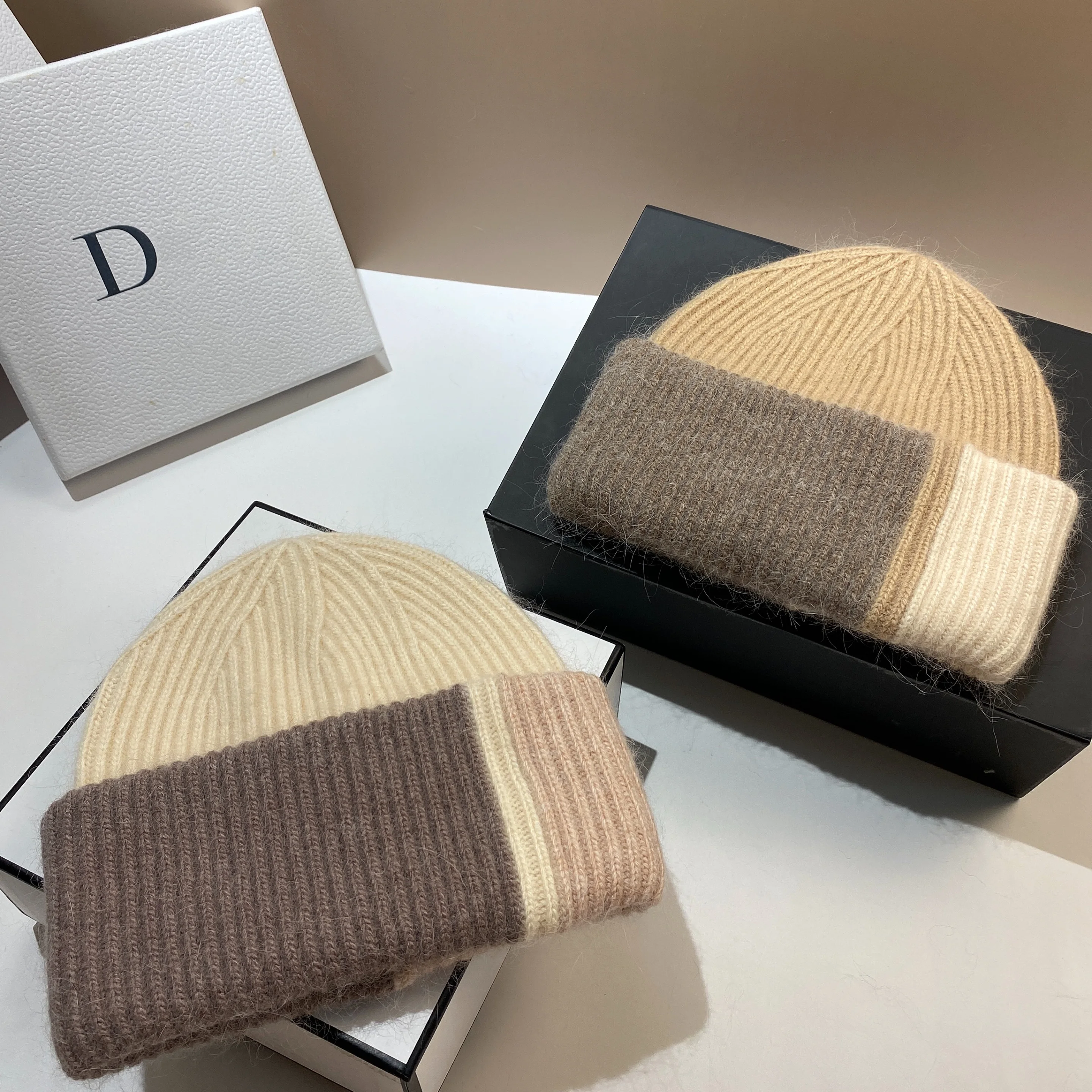 Nordic winter new product color-blocking rabbit hair knitted hat exported to Russia to increase thickening and warm pullover woo