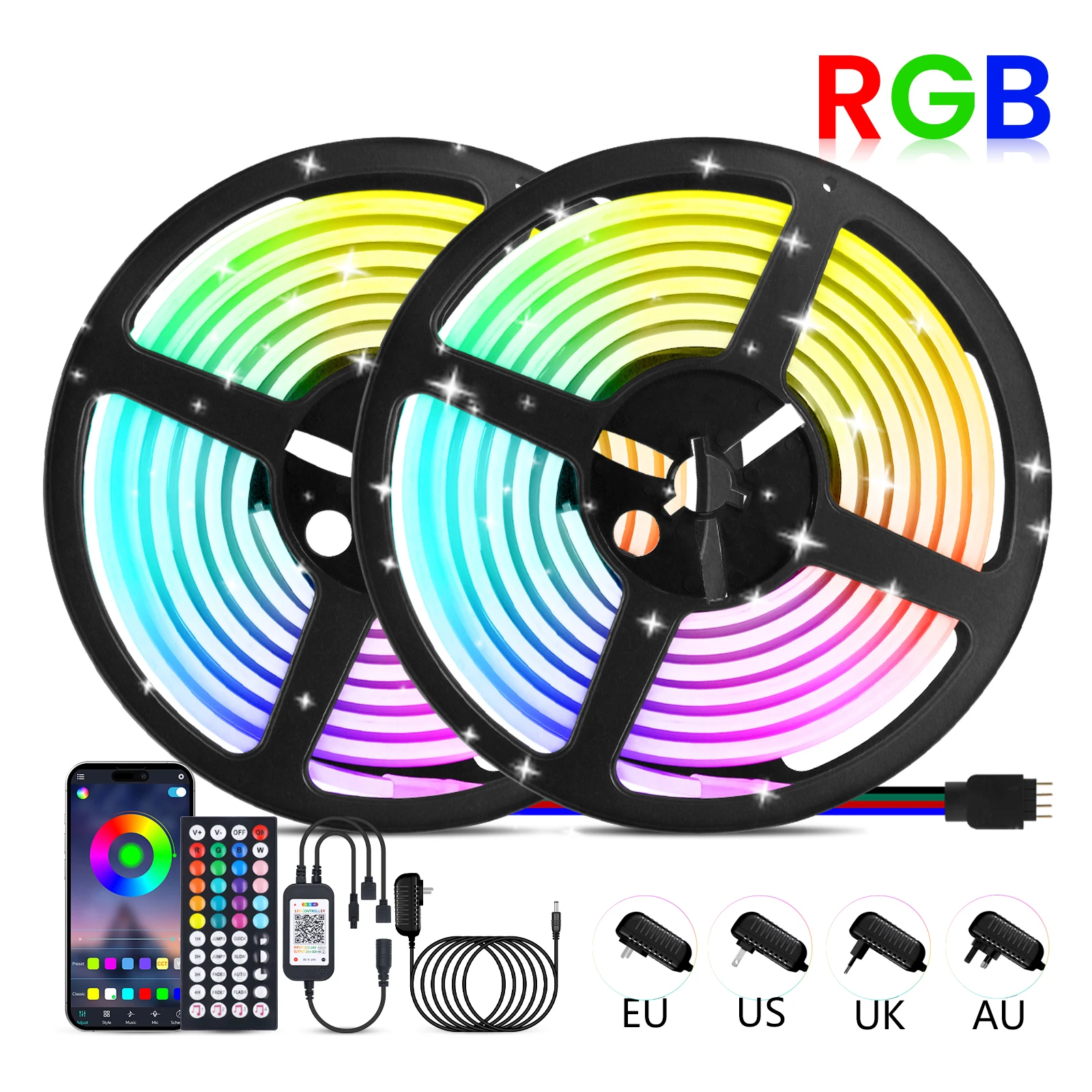 Фото 44-клавишный Bluetooth RGB COB LED неоновый светильник с пультом ДУ, комплект питания EU/US/UK/AU, 12В/24В, гибкая светодиодная лента 576 LED, 0.5м/1м/2м/5м/10м №3
