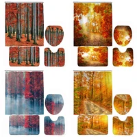 autumn forest scenery shower curtain set non slip bath mat toilet cover rug maple tree yellow leaves landscape bathroom curtains